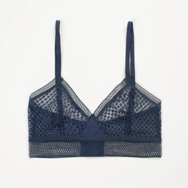 ASOS DESIGN Annie velvet soft triangle bra with lace in navy